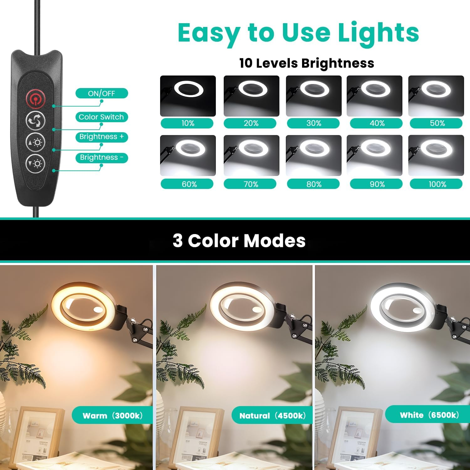 Lquan 20X 10X Magnifying Glass with Light and Stand, 72 LED Light, 3 Color Modes, Adjustable Brightness, 2 in 1 Adjustable Height Magnifier Floor Lamp for Repair, Sewing, Reading, Crafts, Hobbies image number 3