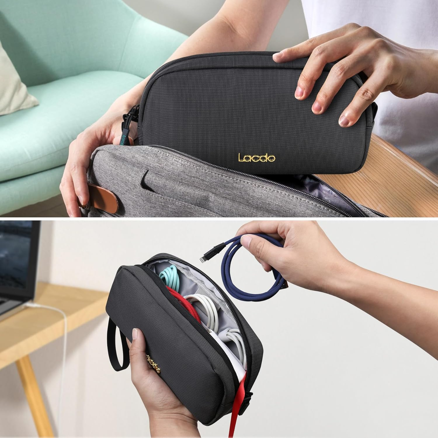 Lacdo Electronics Organizer Travel Case, Travel Bag Cable Organizer for Essentials, Water Resistant Tech Accessories Carry Storage for Cord, Phone, Cables, Airpods, USB Flash Drive, Daily Items, Black image number 3