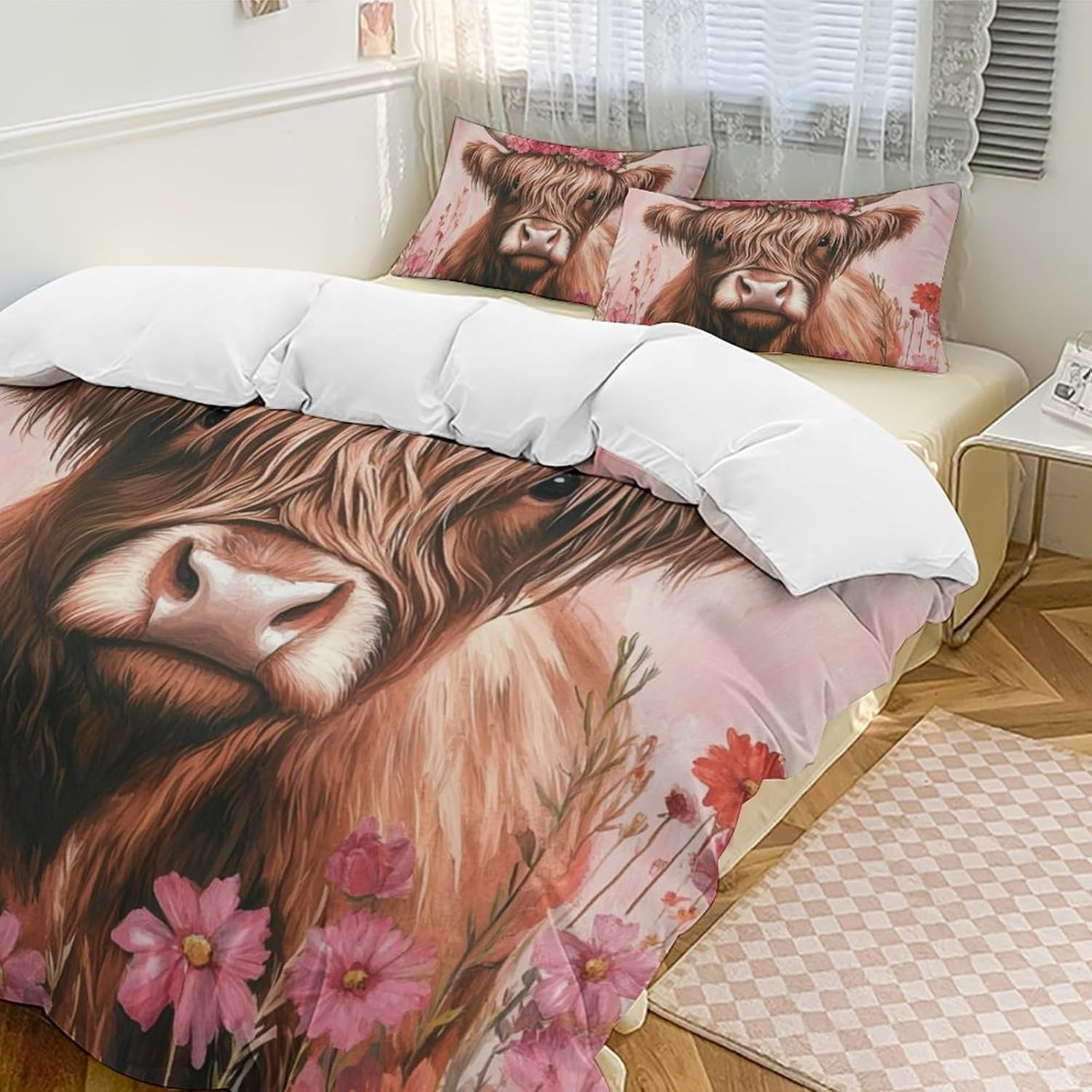 Highland Cow Duvet Cover Sets Bedding Set Cartoon Animal Comforter Cover with Hidden Zipper 3 Pieces Soft Microfiber Quilt Cover with Pillowcase,Queen（210X210Cm） image number 5