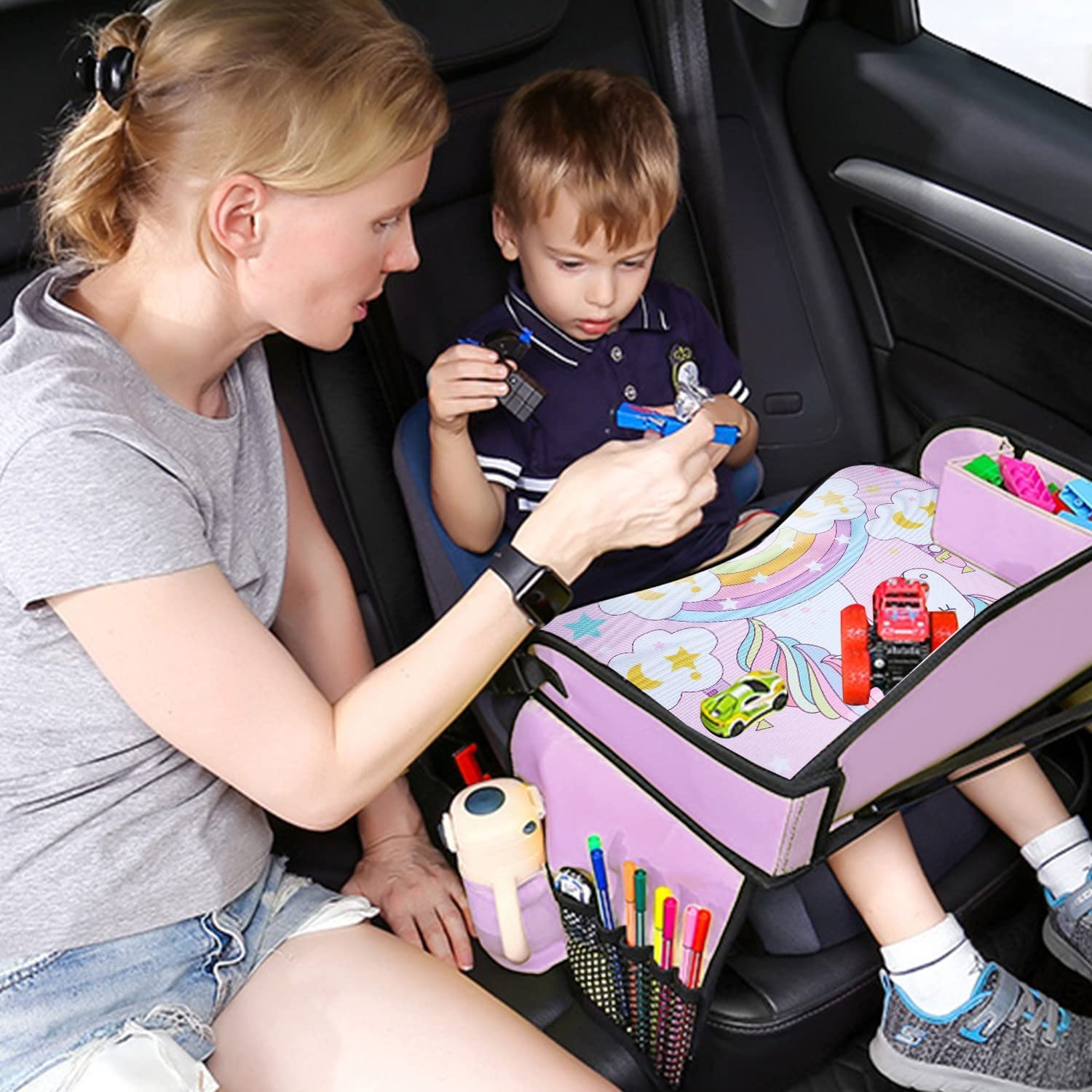 Lordap Kids Travel Tray for Toddler Car Seat,Toddler Car Seat Tray Organizer,Large Ipad Holder a Road Trip Essential,Soft Padding,Waterproof,Food & Snack Lap Tray Carseat,Stroller,High Chair (Pink)