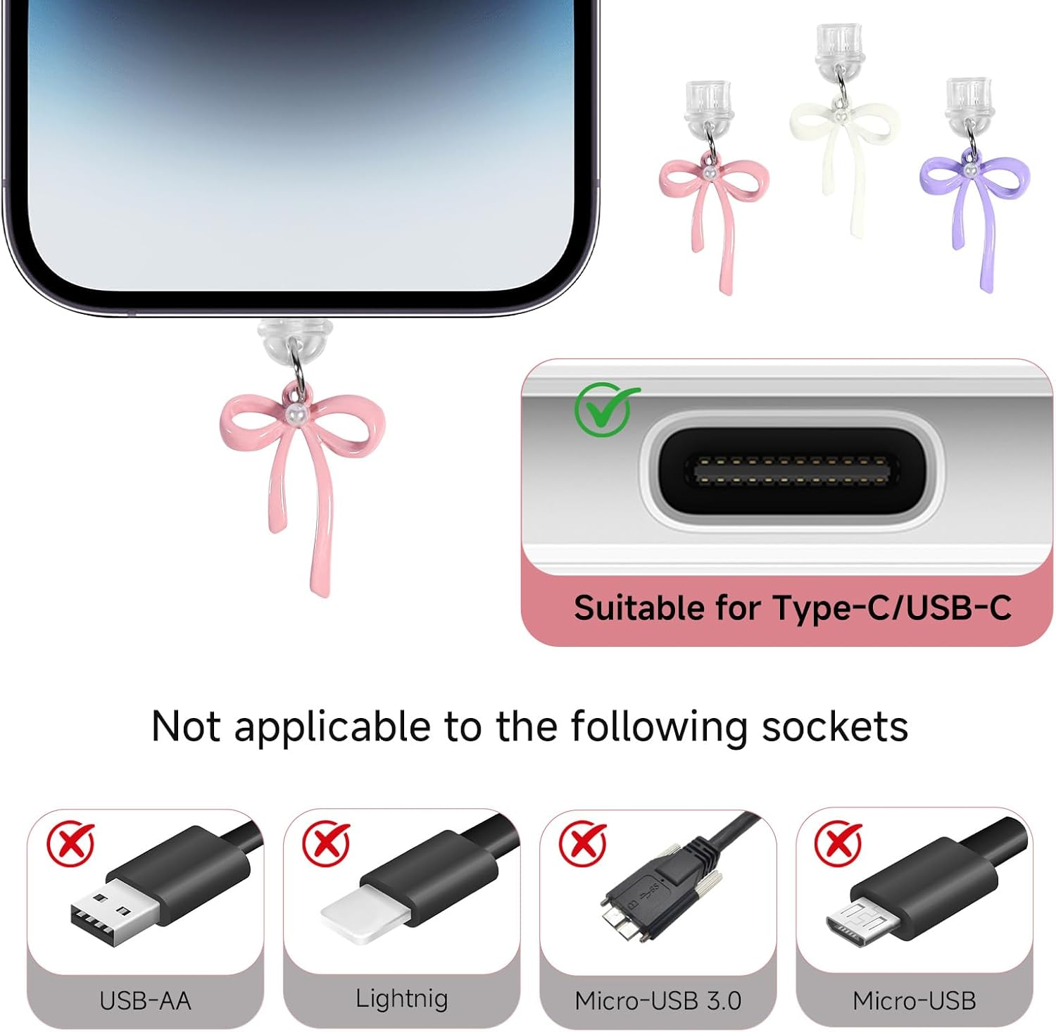 9 Pcs USB C Dust Plug Cute, Type C Dust Plug for Phone Accessories, Stylish Anti-Dust Plugs for Phones USB C Ports, Universal Fit E-Reader Phone Devices image number 1