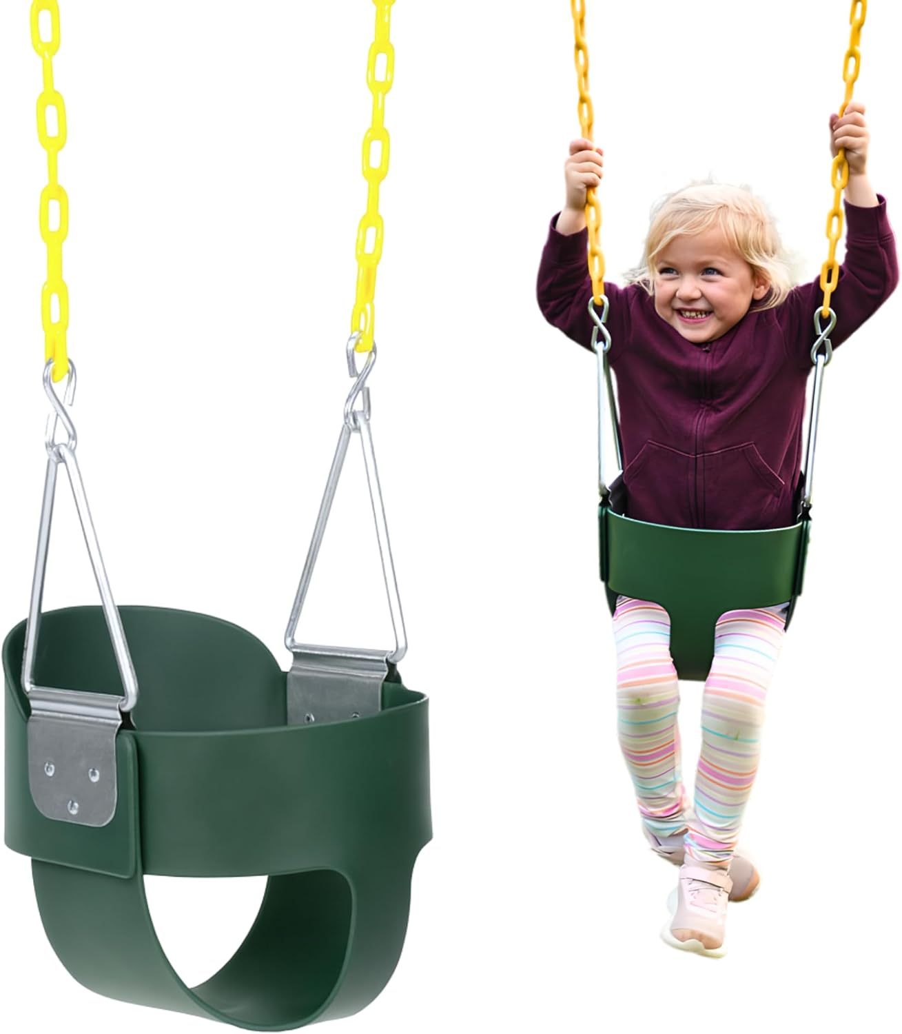 Eastern Jungle Gym Heavy-Duty High Back Full Bucket Toddler Swing Seat | Coated Swing Chains Fully Assembled | Green Swing Set Accessory