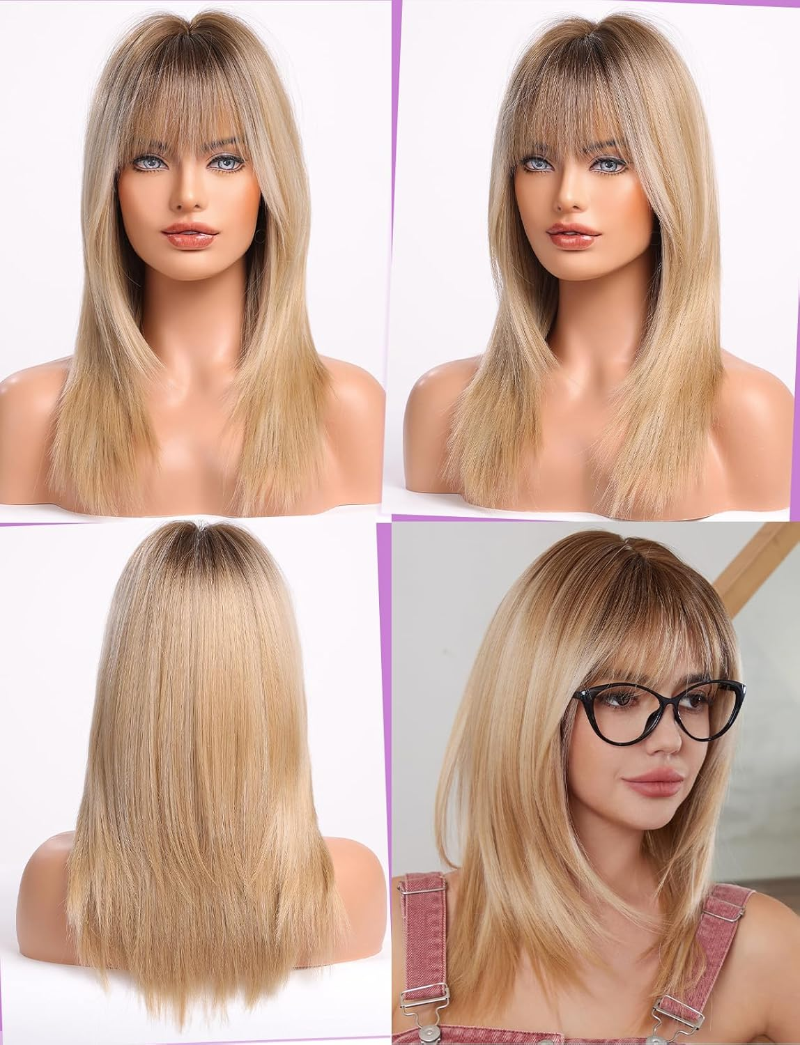WOKESTAR Long Straight Wigs for Women with Fringes, Layered Synthetic Blonde Colour Wigs for Women - Blond image number 4