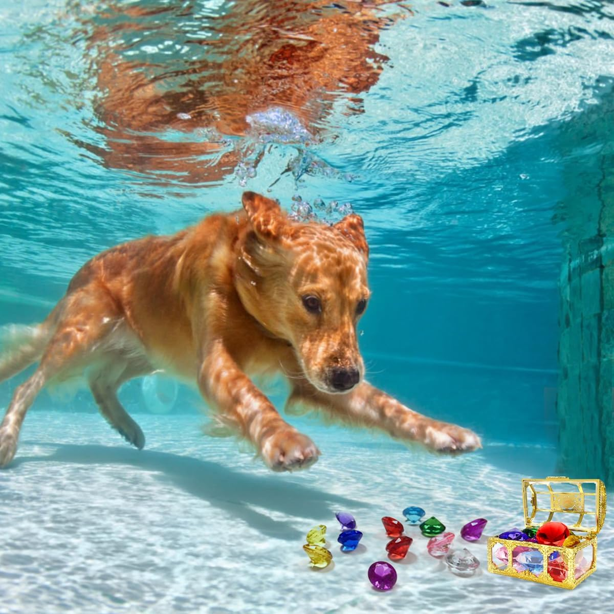 BEZANU Swimming Pool Gem Toys, 12 PCS Colorful Big Diamond Gems Pool Toys with Treasure Pirate Box for Party Favors