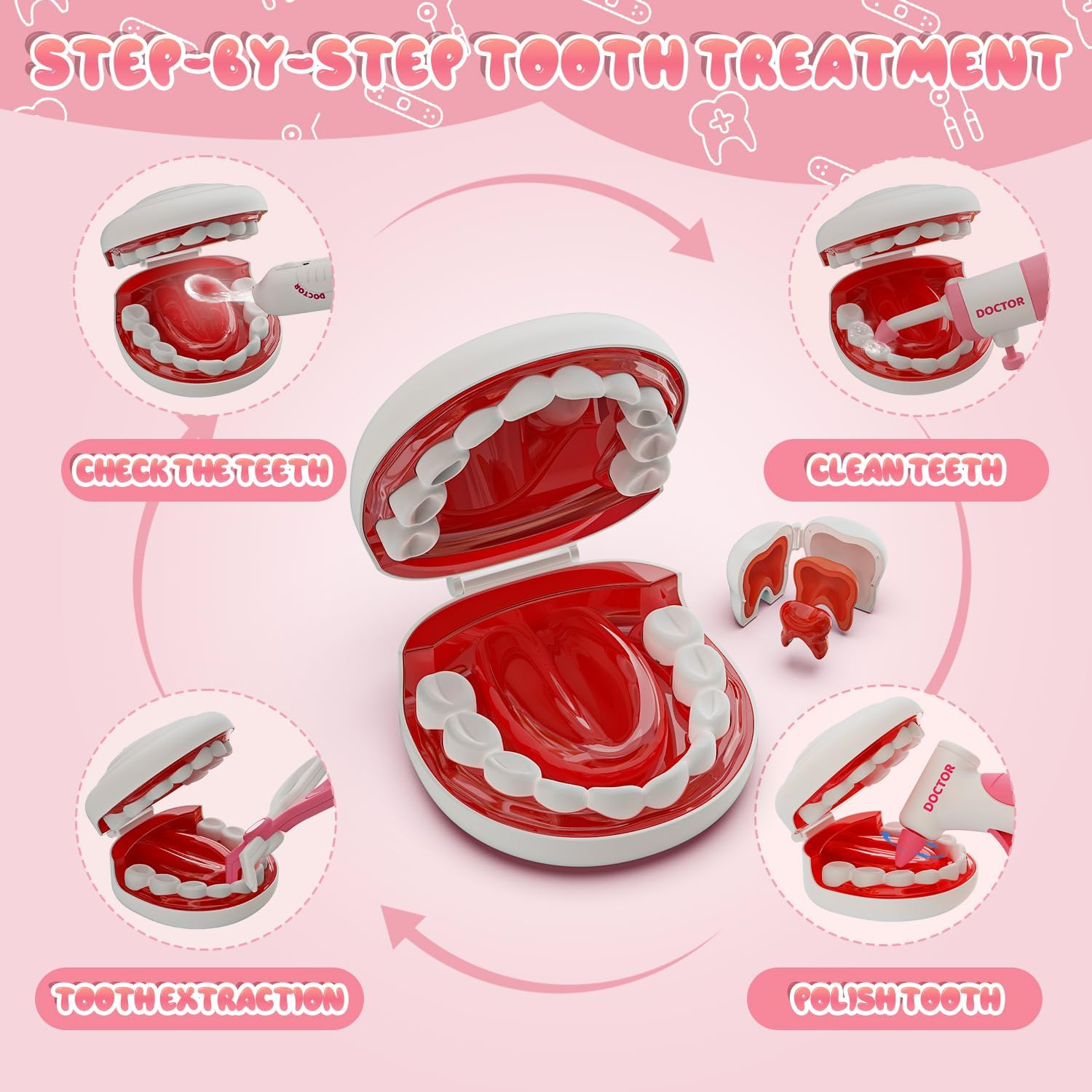 Toy Doctor Kit for Toddlers, Kids Dentist Play Set with Dentist Chair, Doll Toy, Stethoscope, Large Carrying Storage Bag, Dental Accessories, Pretend Doctor Play Medical Gift Kit for Girls Pink image number 4