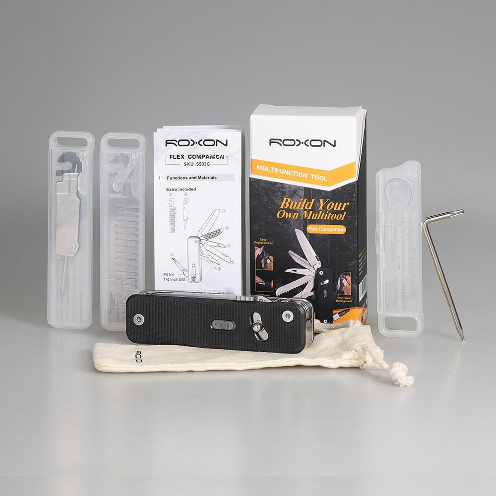 ROXON S503G Flex Companion Tool Modular Design and Customizable Pocket Tool, Preinstalled with 8 Essential Tools (1/4" Bit Driver, D2 Blade, Tapered Saw, Scissors Etc) for a Wide Range of Tasks image number 6