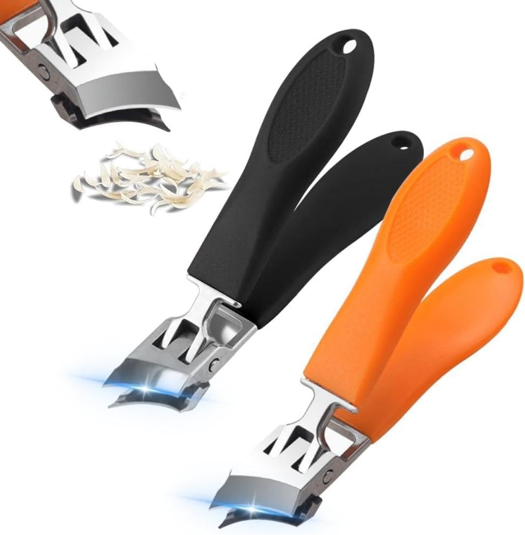 2PCS Wide Jaw Opening anti Splash Slanted Nail Clipper, Large Slanted Stainless Steel Toe Nails Clippers Long Handle Curved Blade for Thick Nails (Black + Orange) image number 4