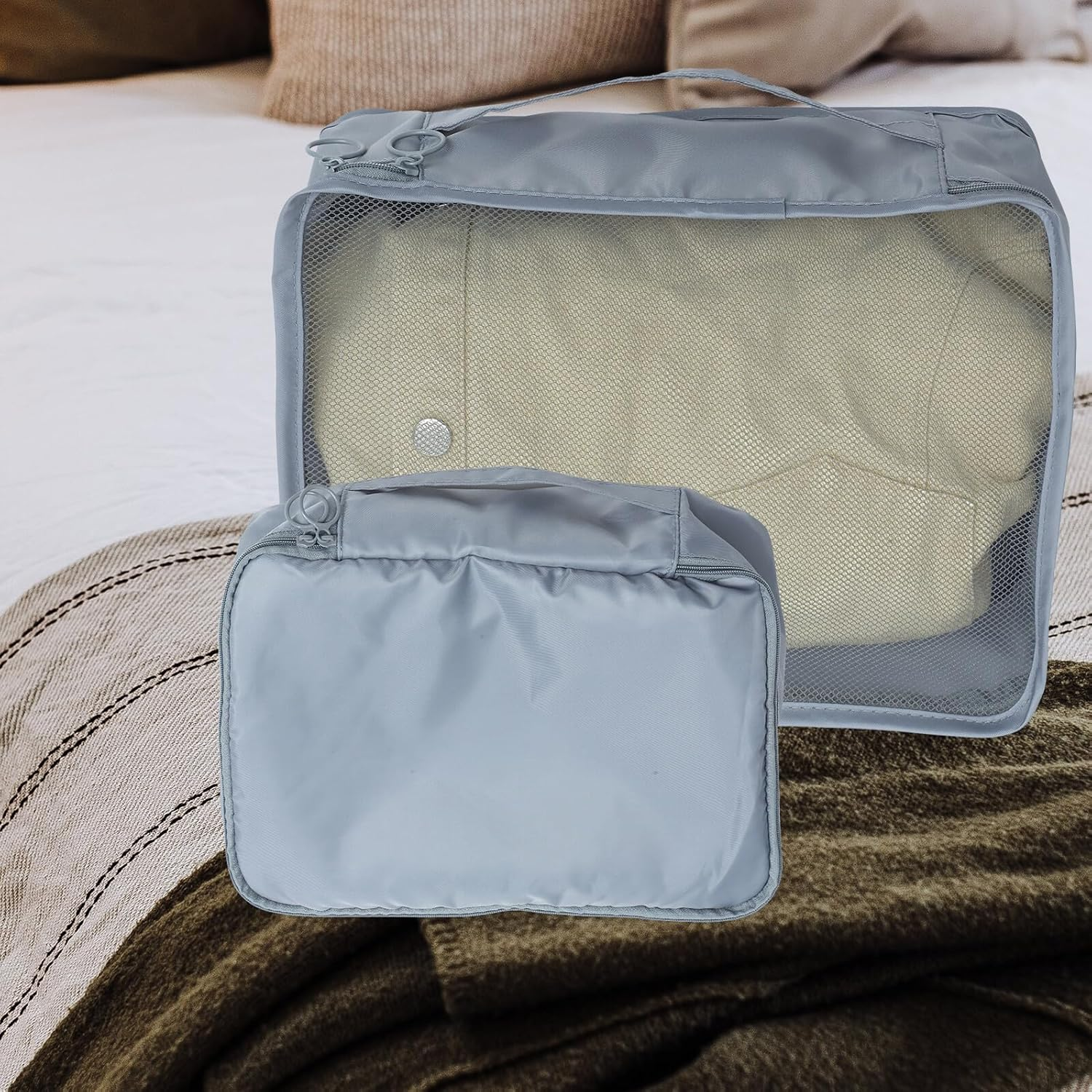 LIGIGWASH 7Pcs Travel Packing Cubes Set Luggage Organizer Bags with Drawstring Storage Pouches for Suitcases Clothes Shoes Grey Folding Travel Organizer image number 4