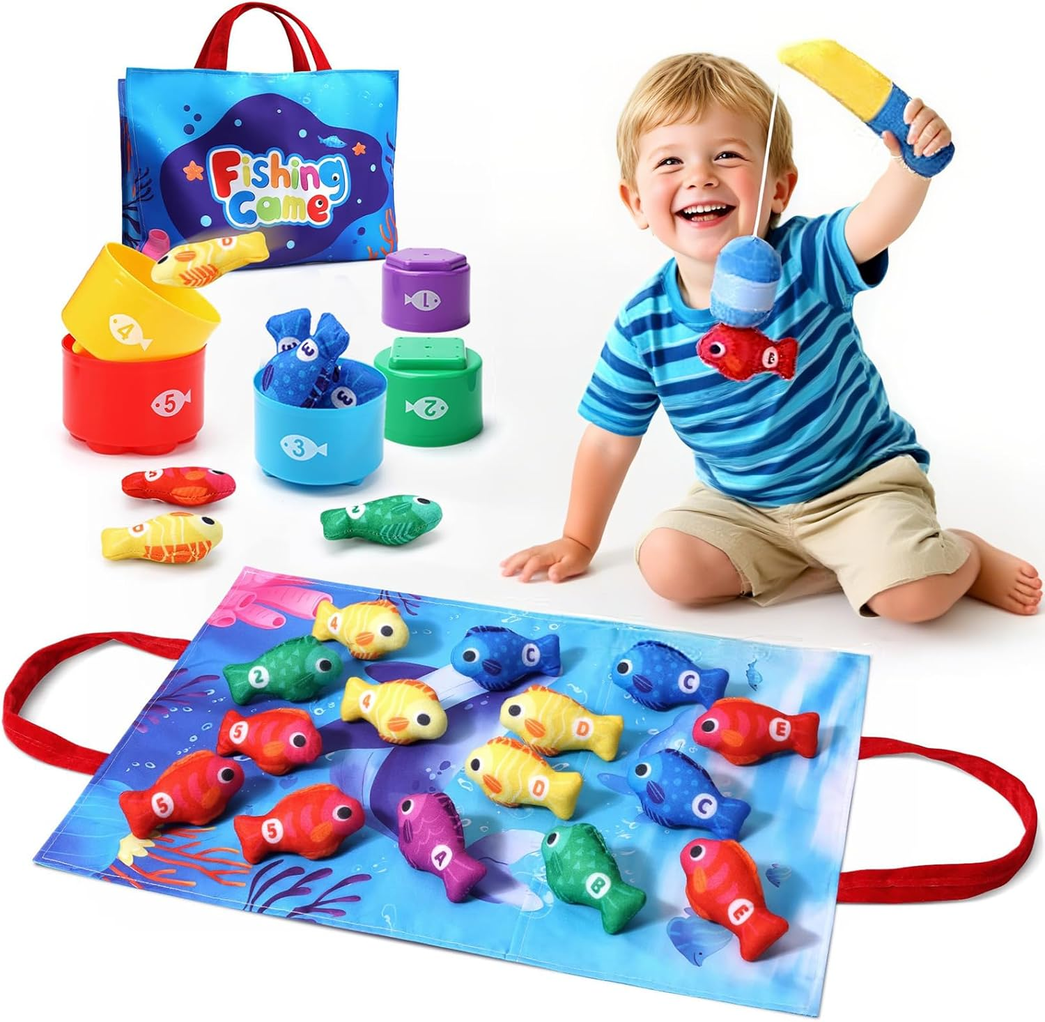 HAOON Montessori Toys for 1 Year Old, Cloth Fishing Game with Stacking Cups, Baby Toy 12-18 Months One Year Old Boy Birthday Gift, Toddler Toys for 1 2 Year Old Boy Girl Gifts image number 3