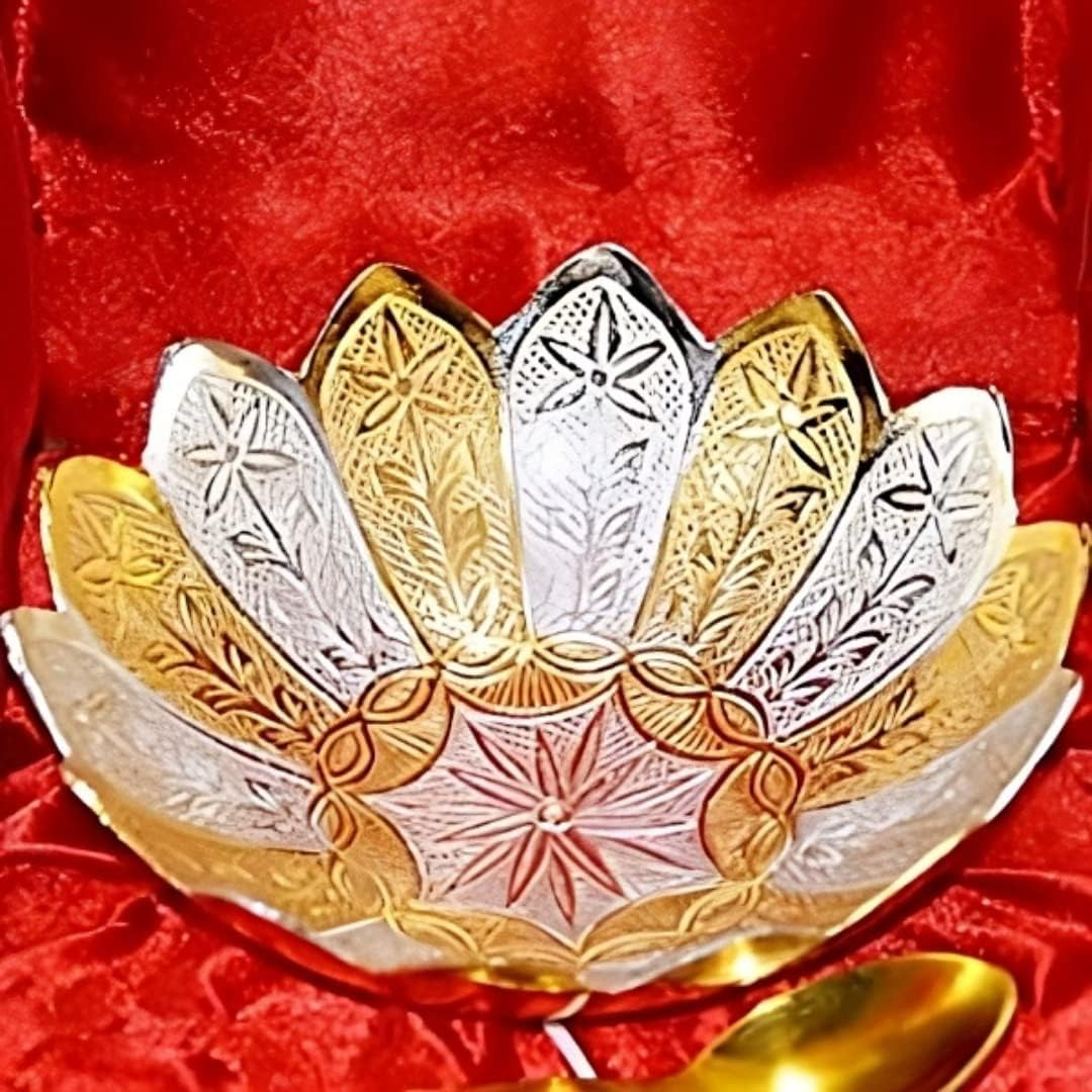 Garden of Arts Fancy Metal Gold and Silver Plated Floral Flower Shape 5 Pieces Set 2 Bowls 2 Spoons 1 Tray in Red Velvet Box Ideal for Dryfruits Party Prop Also Known as Pandan image number 1
