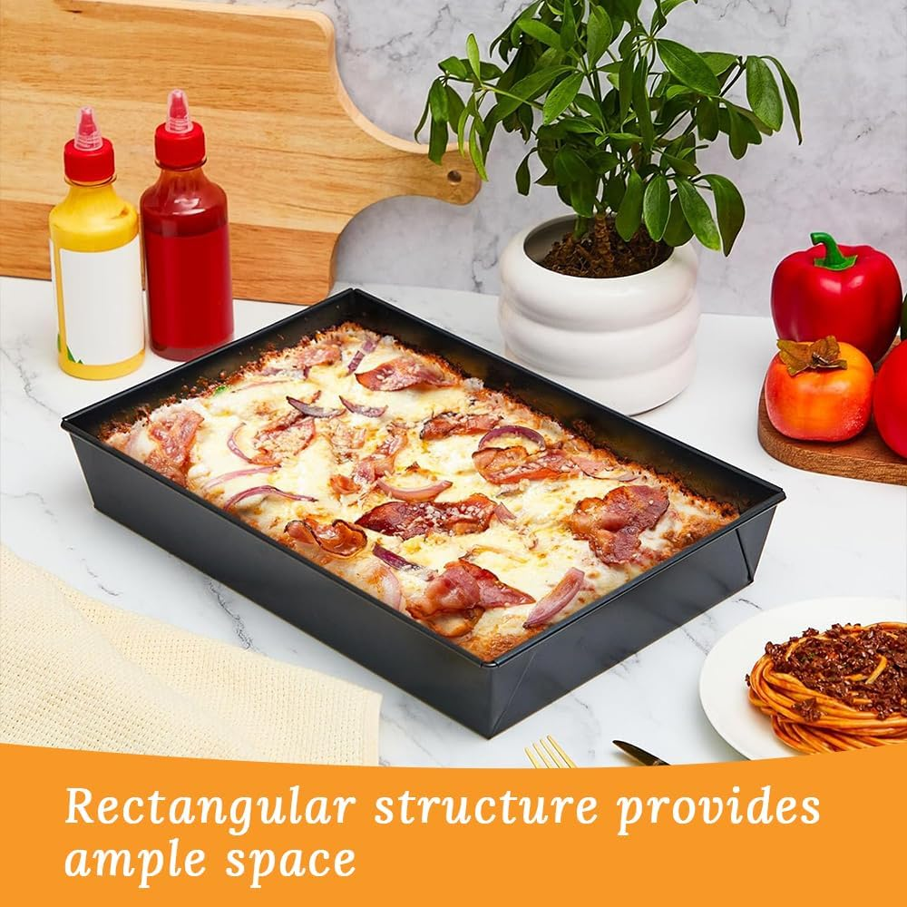 3 Pieces Deep Pizza Pans, Detroit Style Pizza Pans, Bread Baking Tools, Rectangular Deep Non-Stick Cake Tray, Pre-Seasoned Bakeware Kitchenware, Baking Oven Dessert Tray(Black) image number 3