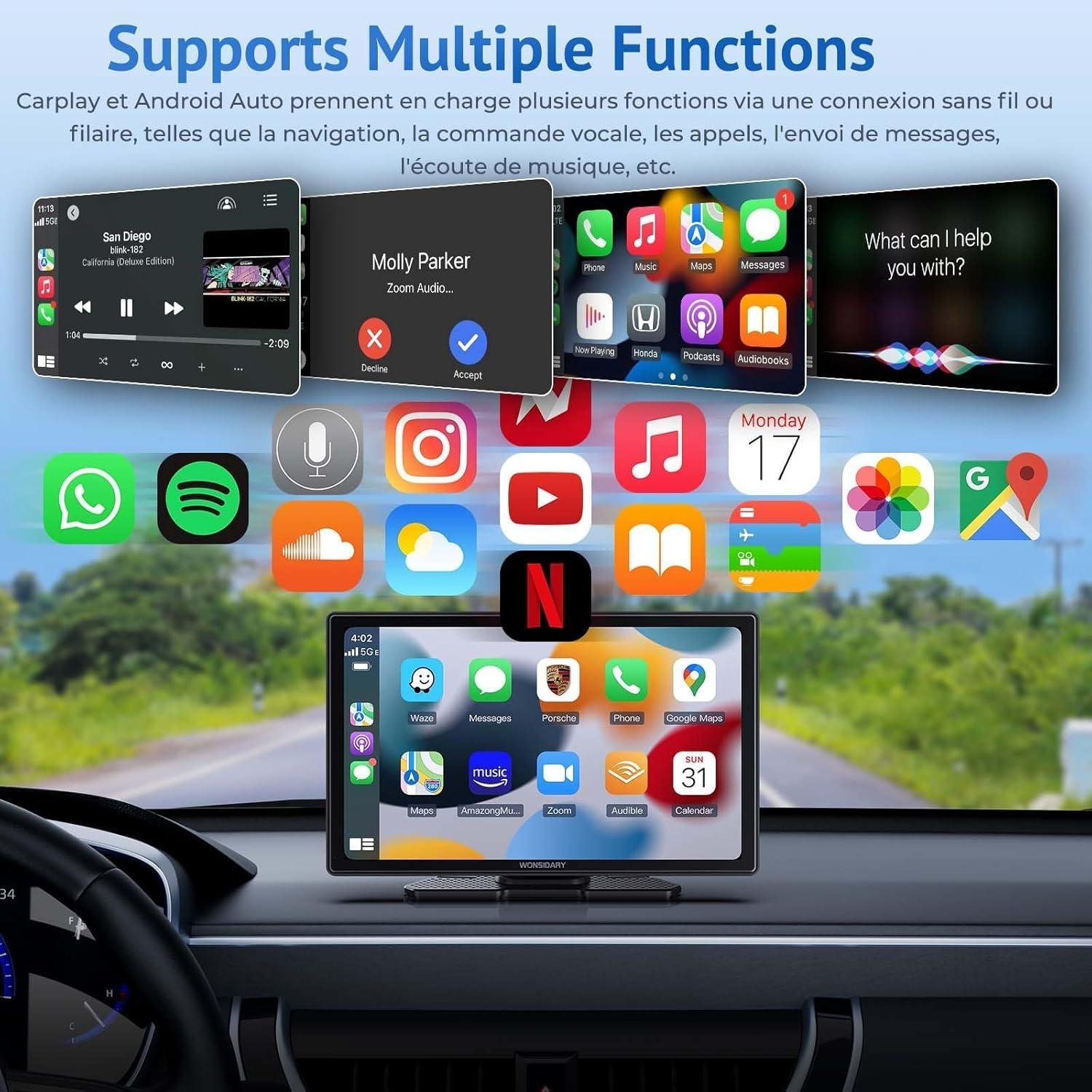 Wonsidary 9" Carplay Screen for Car,Wireless/Wired Apple Carplay,Android Auto and Mirror Link,Ips Touch Screen Portable Car Stereo with Light Sensitive,Bluetooth Audio,Siri,Navigation for All Vehicles image number 2
