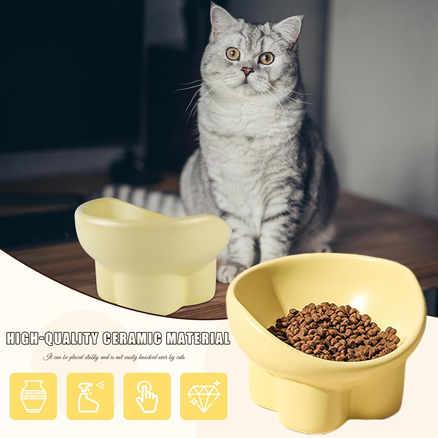 Ceramic Cat Bowl Elevated 5.7In anti Vomit Raised Cat Bowl Yellow round Design Comfortable Feeding Bowl for Cats and Small Pets image number 4