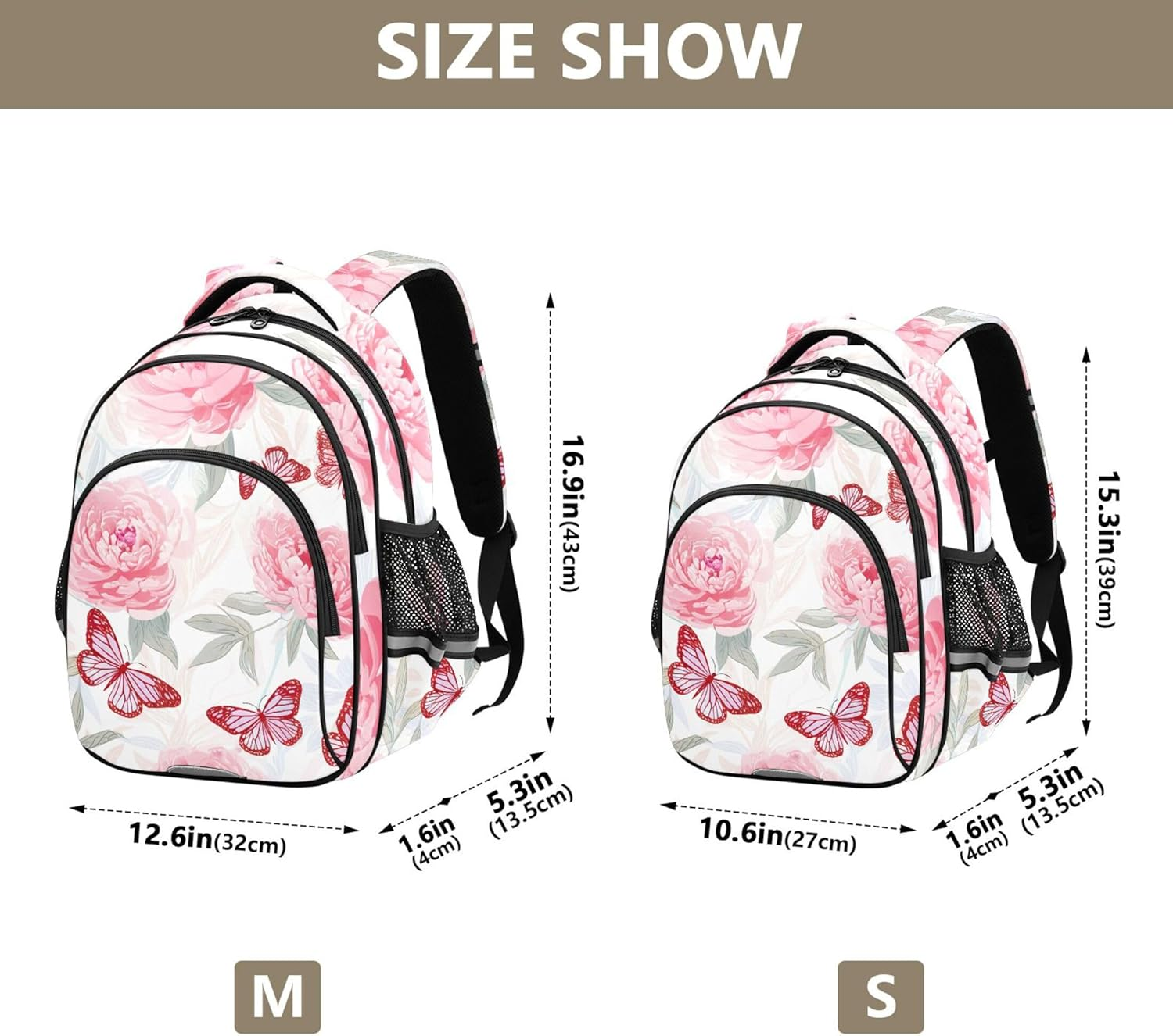 Soft Pink Peonies Butterfly White Kids Student Travel School Cute Floral Book Toddler Elementary Backpacks Animal