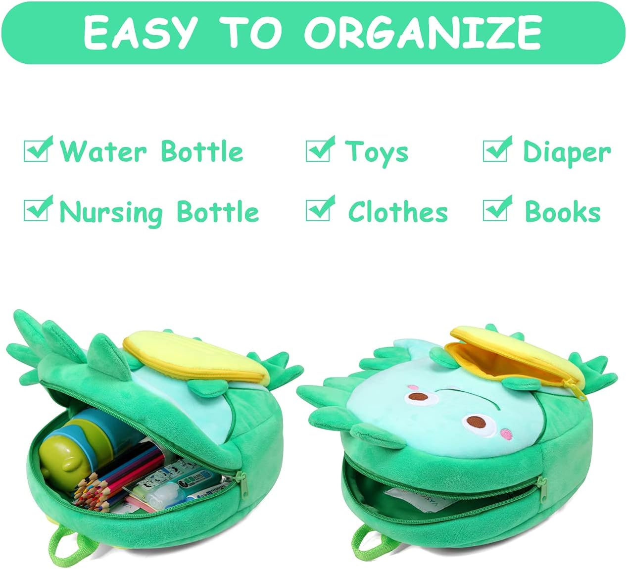 Toddler Backpack,Vaschy Girls and Boys Cute Plush Animal Small Daycare Backpack for Little Kids - Smiling Dinosaur image number 3