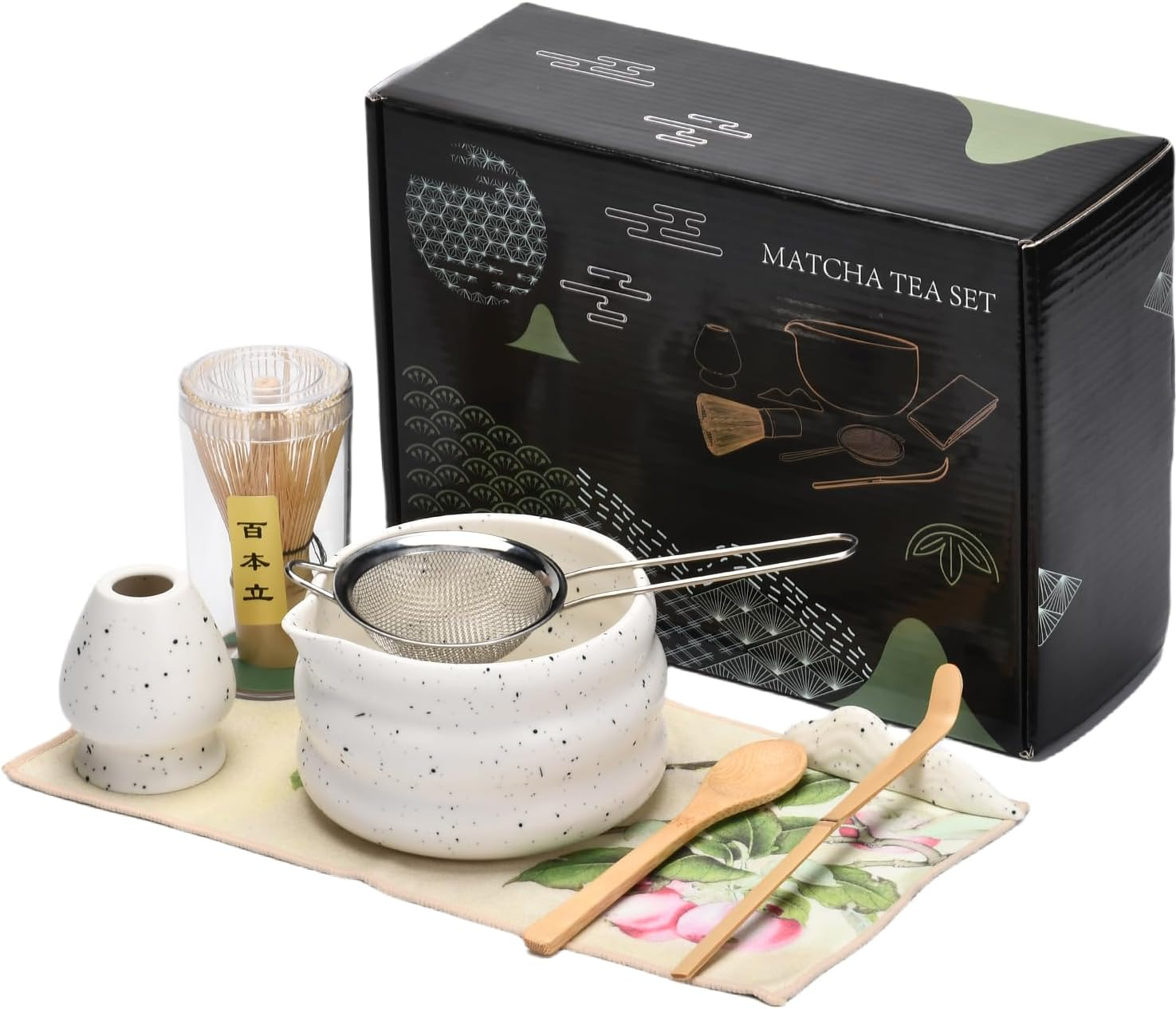 Haghito 8 PCS Matcha Whisk Set - Japanese Tea Ceremony Kit with Handcrafted Bamboo Whisk, Ceramic Bowl with Spout, Whisk Holder, Scoop, Sifter, Tea Cloth & Spoon Stand, Matcha Kit for Tea Lovers image number 4