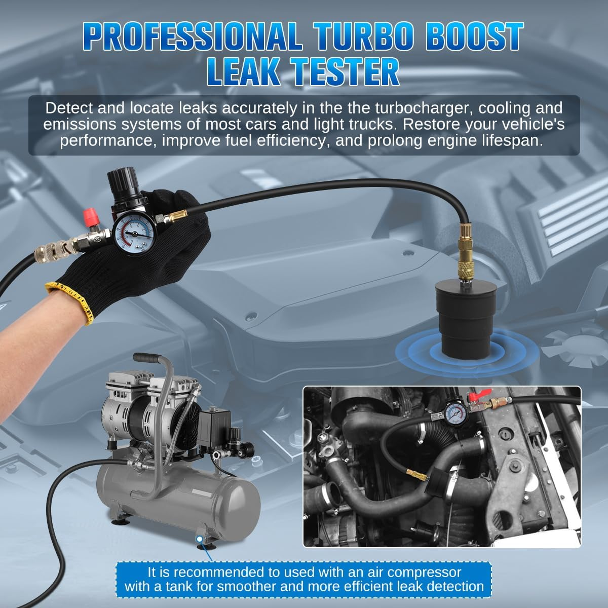 Turbo Boost Leak Tester Kit 10PC Boost Leak Tester Automotive Well-Sealed Turbo/Emission/Cooling System Pressure Leakage Tester with 4 Pairs of Stepped Adapters 1-3/8" to 3-1/2", US & EU Air Fitting image number 3