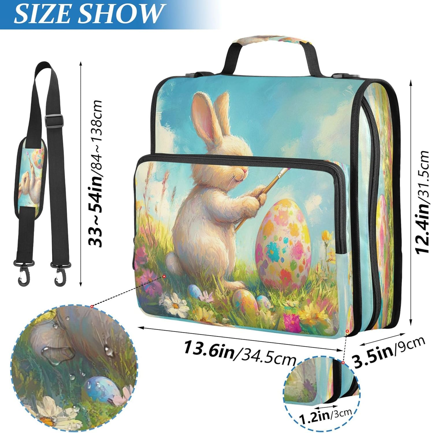 Cute Easter Bunny Zipper Organizer 1.5 Inch 3 Rings Heavy Duty with Strap for School Storage Wallet with Handle image number 1