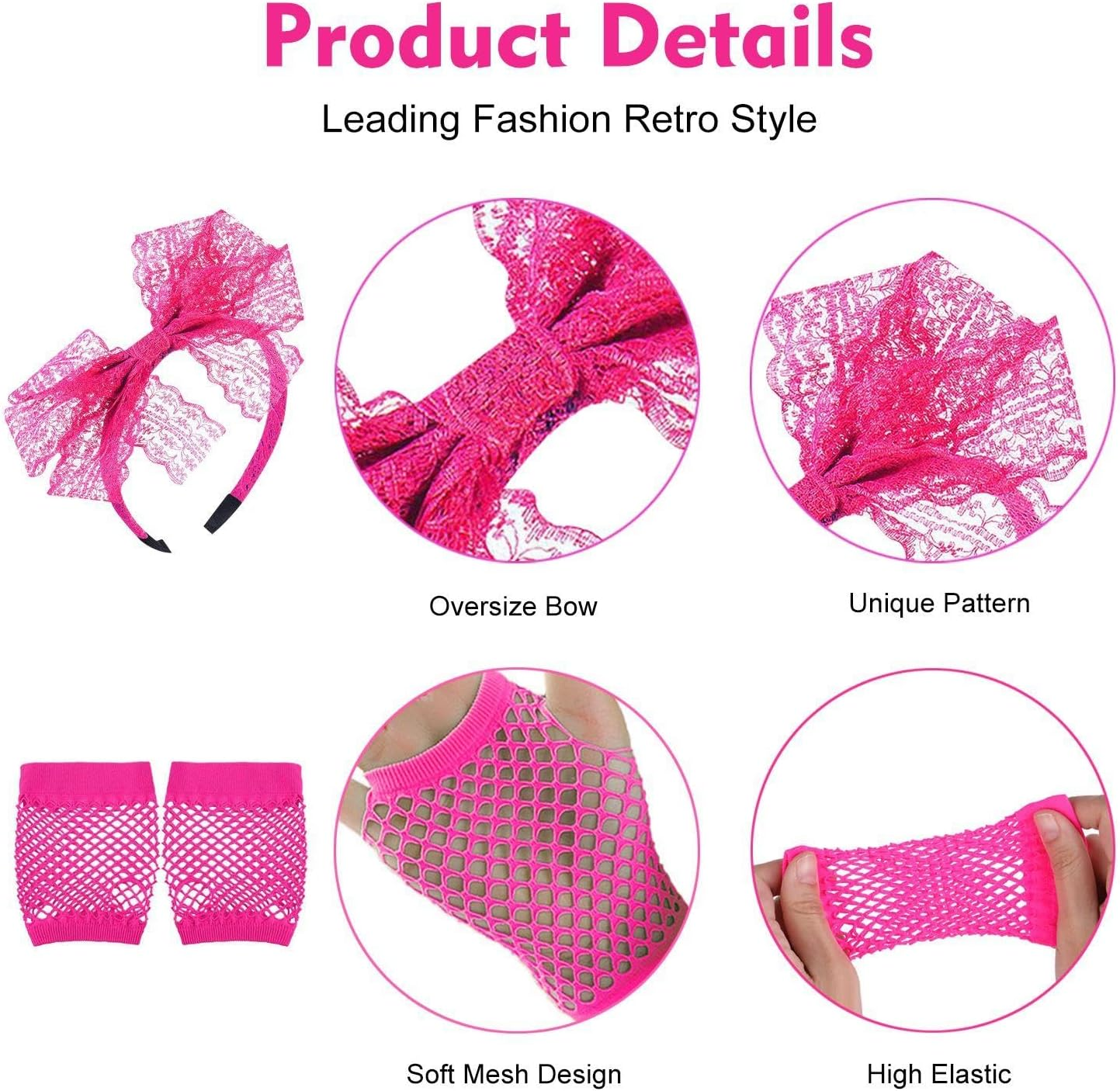 1 Piece Lace Bow Headband with 1 Pair of Mesh Gloves, Neon Hair Accessories for Girls, 80S Headband, Cute Bow Headband, Suitable for Parties, Celebrations, Stage Performances image number 2