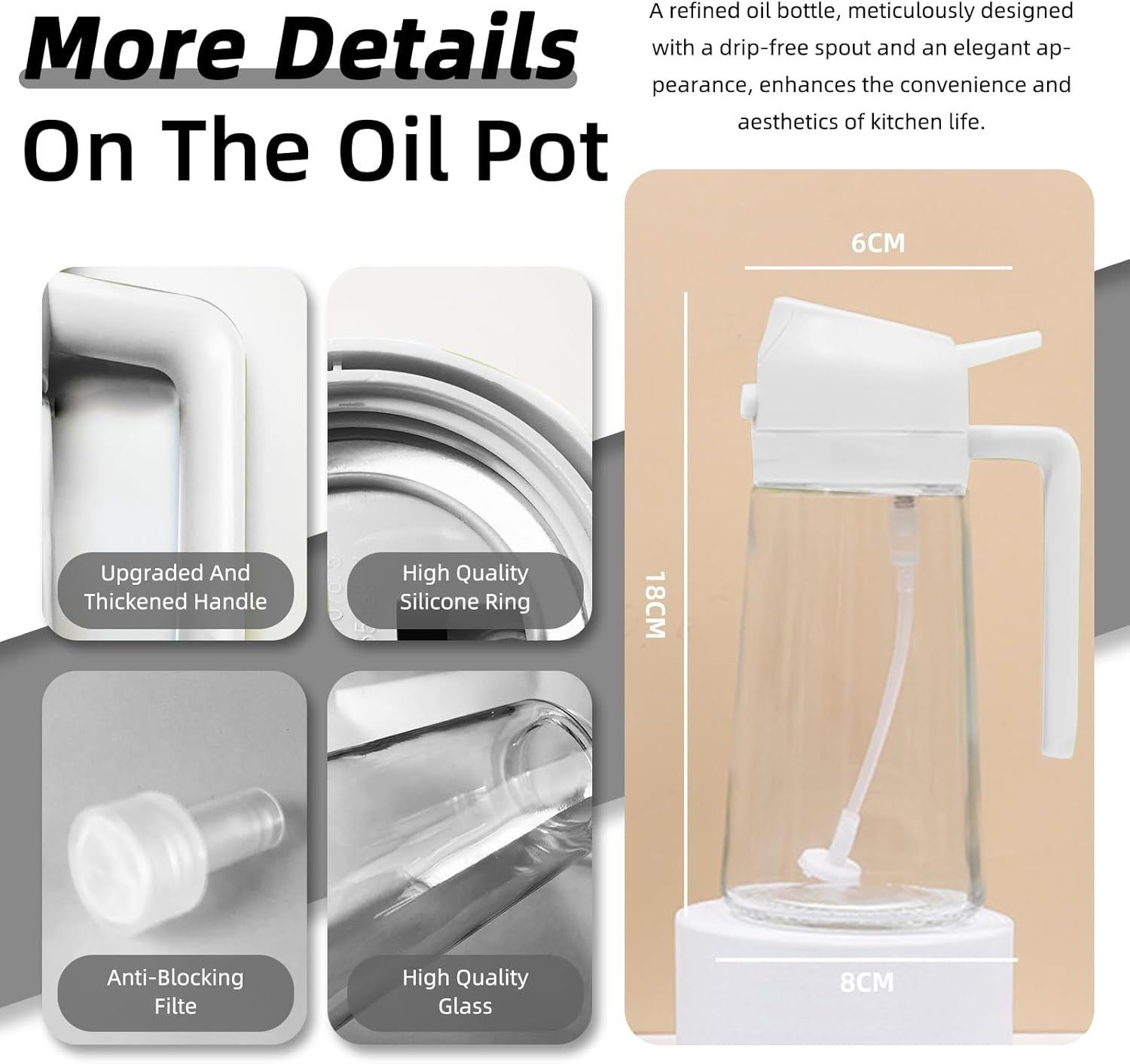 Spray Bottle, 470Ml Dual-Use Glass Oil Spray Bottle - Effortless, Drip-Free, and Easy to Clean (White) image number 3