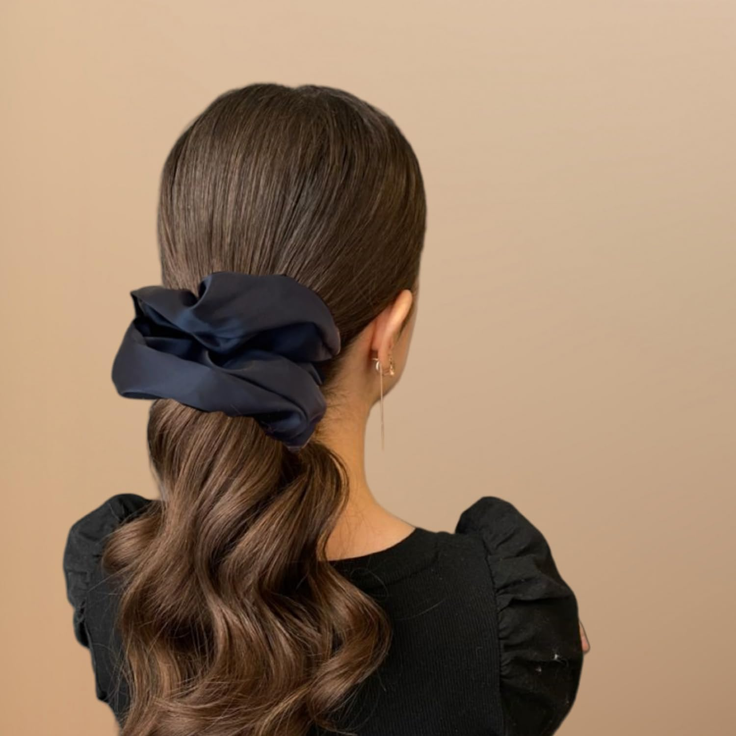 2 Pieces Jumbo Satin Silk Scrunchies for Women 7.5 Inches Large Oversize Scrunchies for Thick Hair Ties Hair Ornament (Black and Beige)