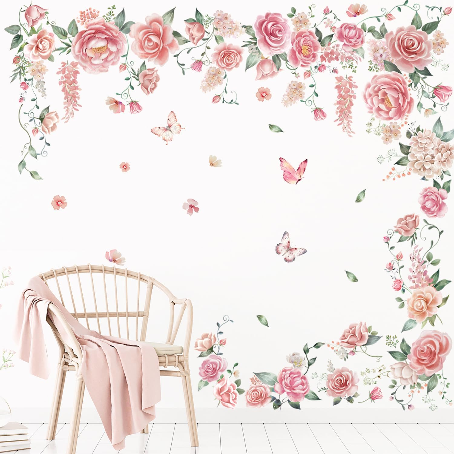 DECOWALL SG3-2428 Rose Vine Wall Stickers Room Decals Bedroom Living Flower D&eacute;cor Art Floral Pink Tv Decoration Butterfly Nursery Peel and Stick