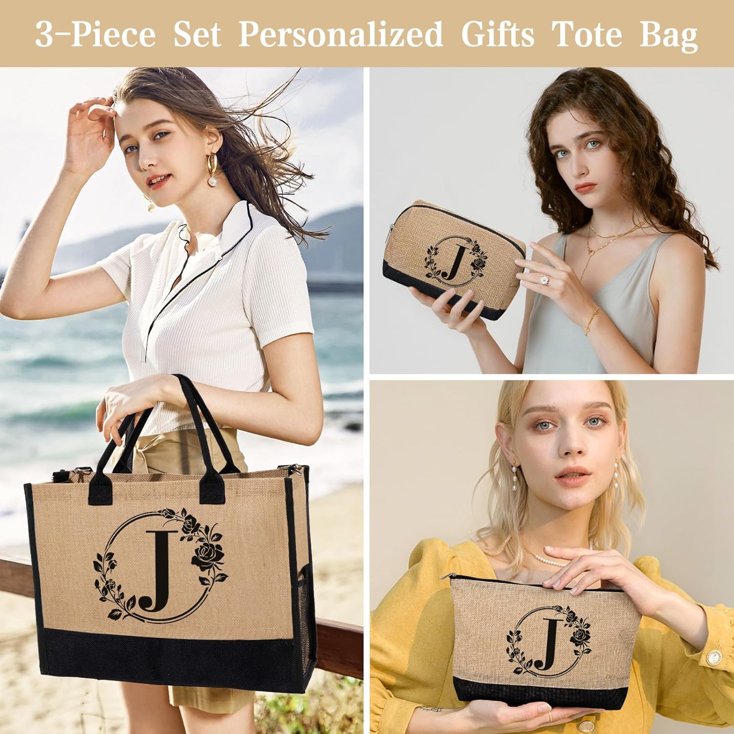 Personalized Gifts for Women, Initial Jute Tote Bag Monogrammed Beach Bag, Mothers Day & Birthday Gifts for Mom Women Friend image number 3