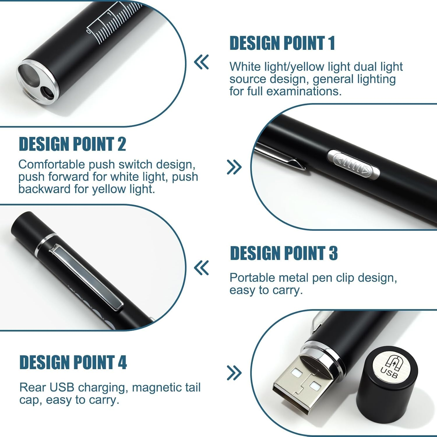 USB Rechargeable Pen Lights with Pupil Gauge & Ruler, LED Penlights,Warm/White Light, Stainless Steel Clip, Dual Source Penlight Flashlights for Home, Car, Emergencies, Inspection, Working, Repair image number 5