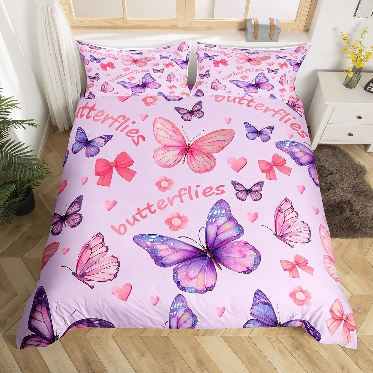 Homemissing Butterfly Duvet Cover Set Pink Bowknot Bedding Set for Boys Girls Cute Butterflies Print Bedding Set 135 X 200 Cm 2 Pieces Floral Room Decoration image number 5