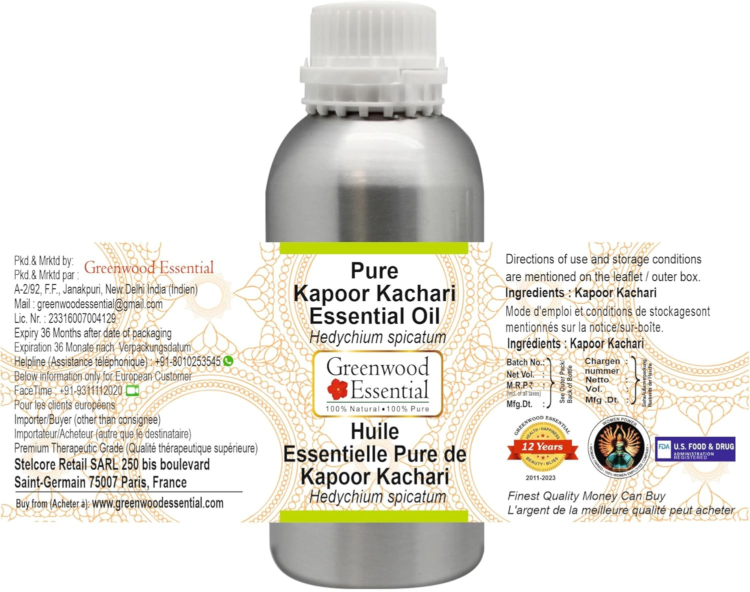 Greenwood Essential Pure Kapoor Kachari Essential Oil (Hedychium Spicatum) Steam Distilled for Personal Care 300Ml (10Oz)