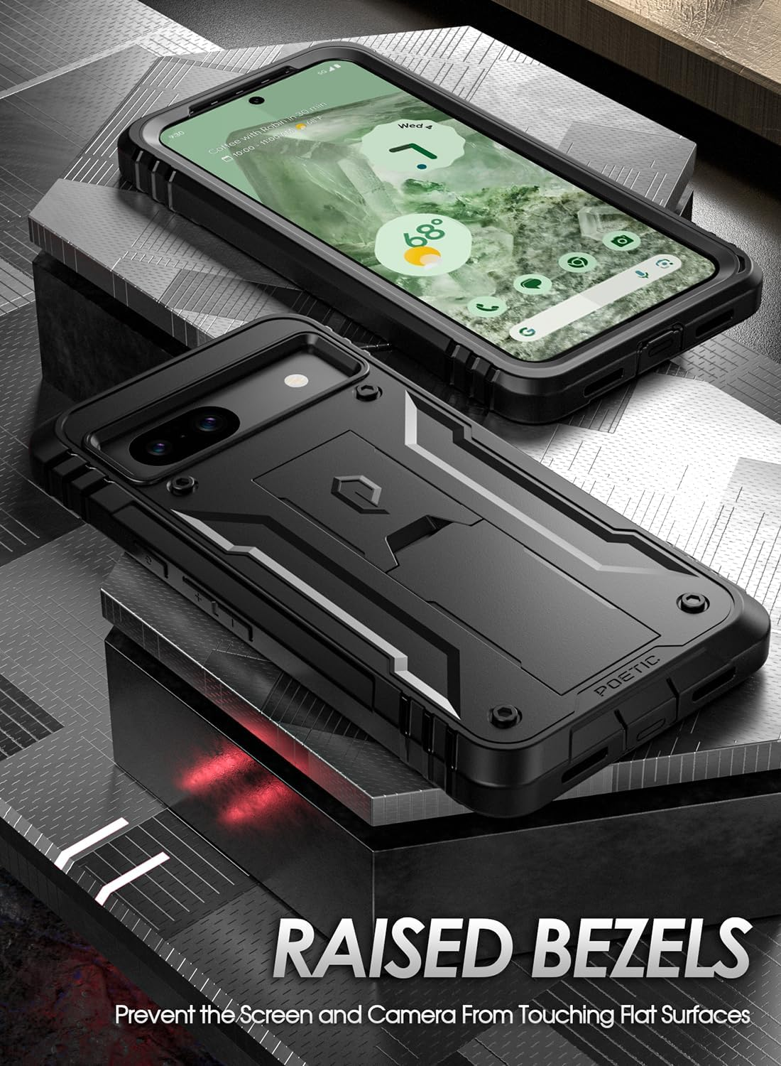 Poetic Revolution Case for Google Pixel 8A 5G, [20FT Mil-Grade Drop Tested],Full Body Rugged Shockproof Protective Cover Case with Kickstand, Built-In Screen Protector Work with Fingerprint ID, Black - Light Blue image number 2