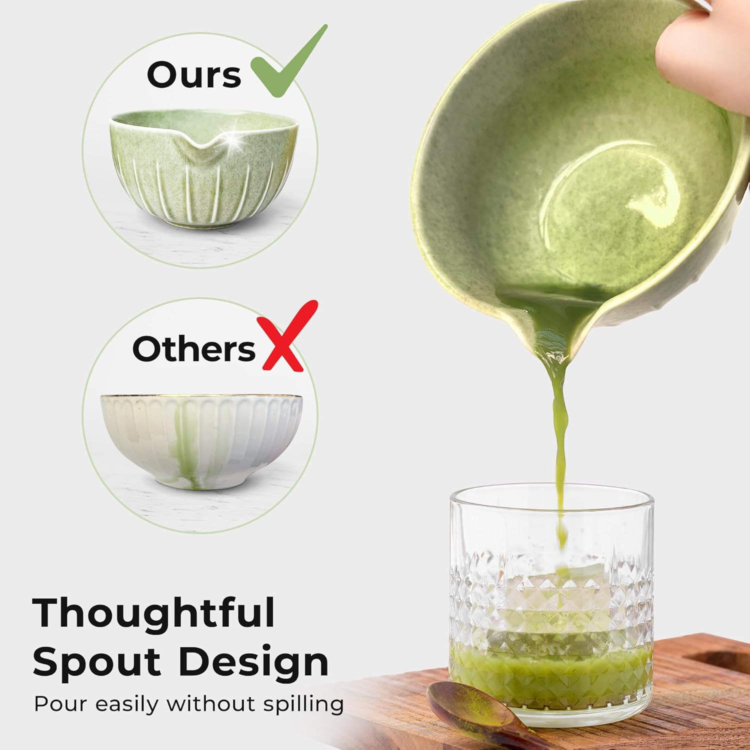 Premium 5Pcs Japanese Matcha Whisk Set &ndash; Includes 500 Ml Matcha Bowl with Spout, Bamboo Chasen Whisk, Whisk Holder, Sieve and Scoop &ndash; Elegant Mottled Green Glaze with Vertical Pattern image number 6