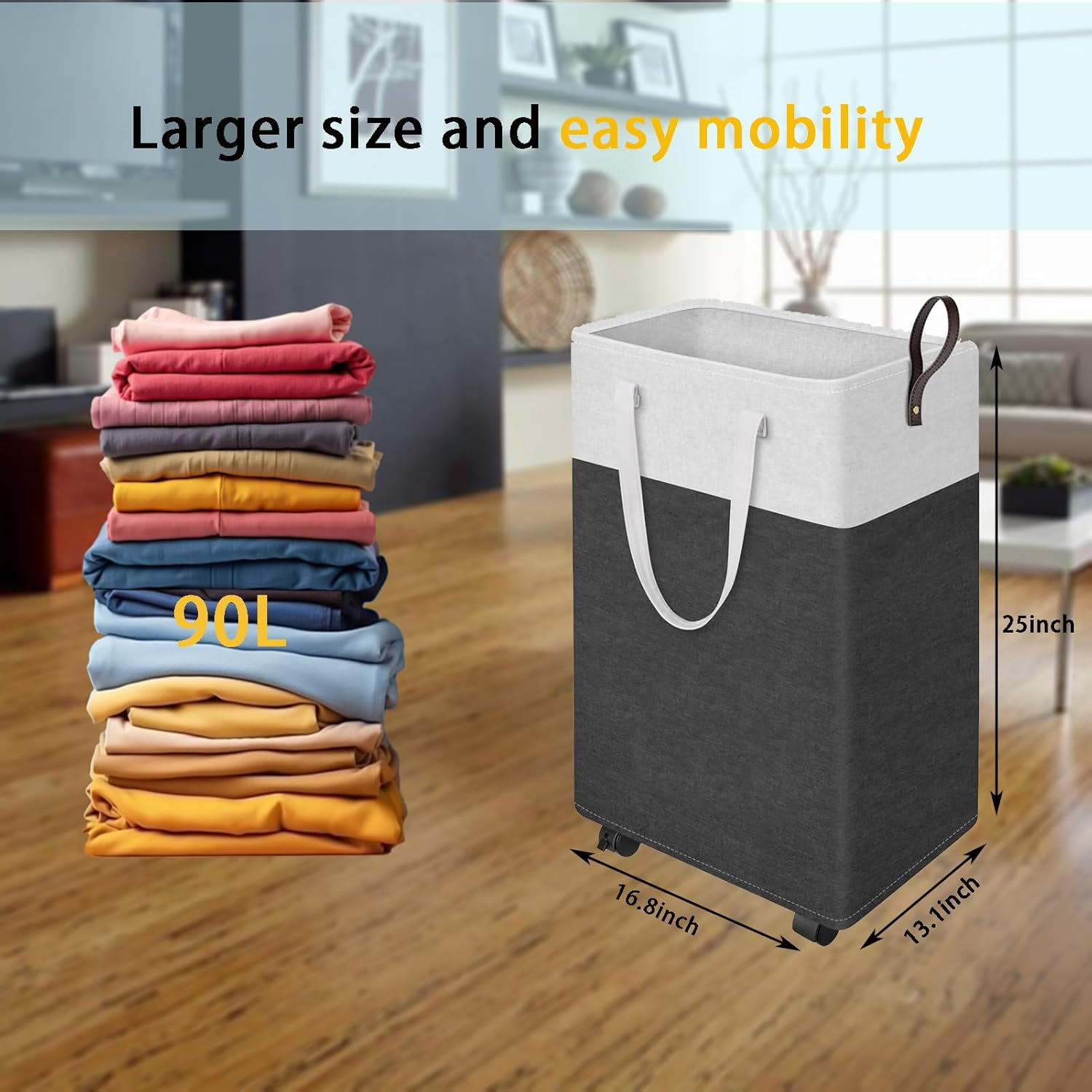 Laundry Basket,Laundry Hamper with Wheels,Collapsible Dirty Clothes Hamper with 3 Mesh Bags for Bathroom,Dorm,Bedroom,Grey,90L