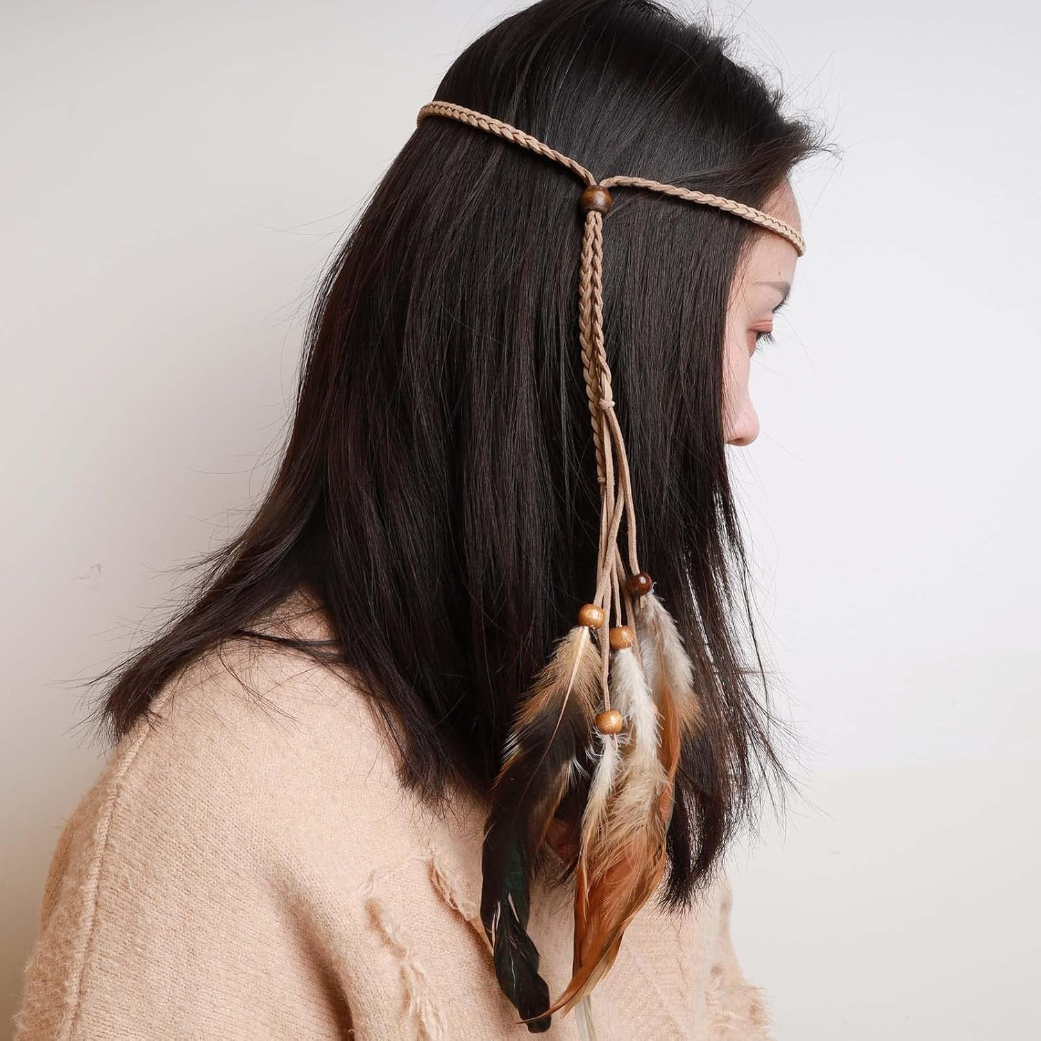 Tseenyi Gypsy Feather Headband Hairband Boho Feather Hairband Beads Feather Tassel Headband Jewellery for Women and Girls Christmas Stage Performance (Beige)