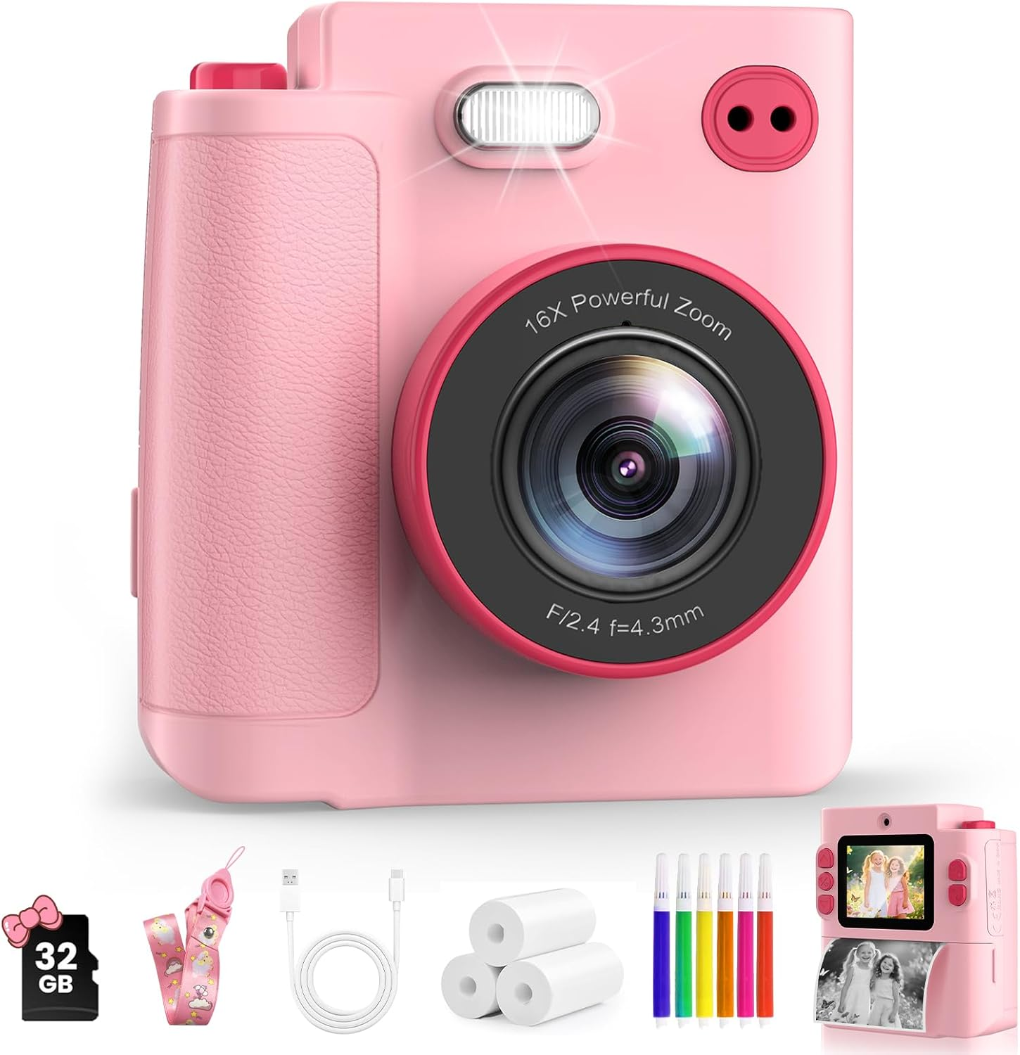 MYSTILUCK Kids Camera Instant Print, 1080P Instant Camera for Kids, Children Digital Cameras with 3 Rolls Photo Paper & 32GB Card, Christmas Birthday Gifts Toys for Boys & Girls Aged 3-12（Pink）