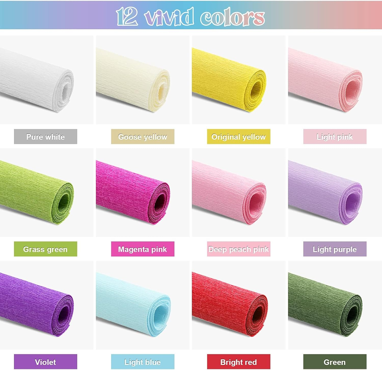 12 Rolls Crepe Paper Rolls 12 Colors Wide Crepe Paper Streamer Assorted Streamers with Floral Stem Wire and Green Floral Tapes for Birthday Party Ornament(Mixed Colors,8 Feet X 10 Inch) image number 5