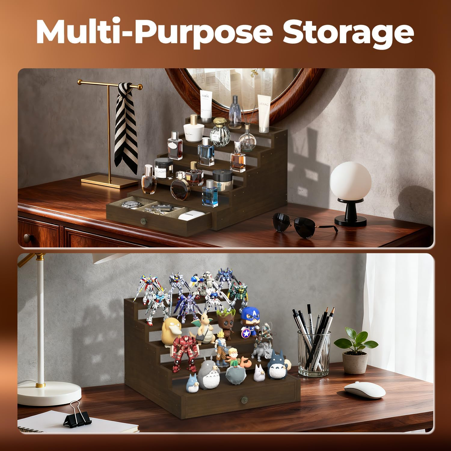 Esluker.Ly Perfume Organizer Cologne Holder Stand for Men, Wooden Cologne Display Shelf for Bedroom Dresser Countertop, 5 Tier Large Capacity Storage Rack with Drawer, Keep Fragrance Neat & Accessible image number 2