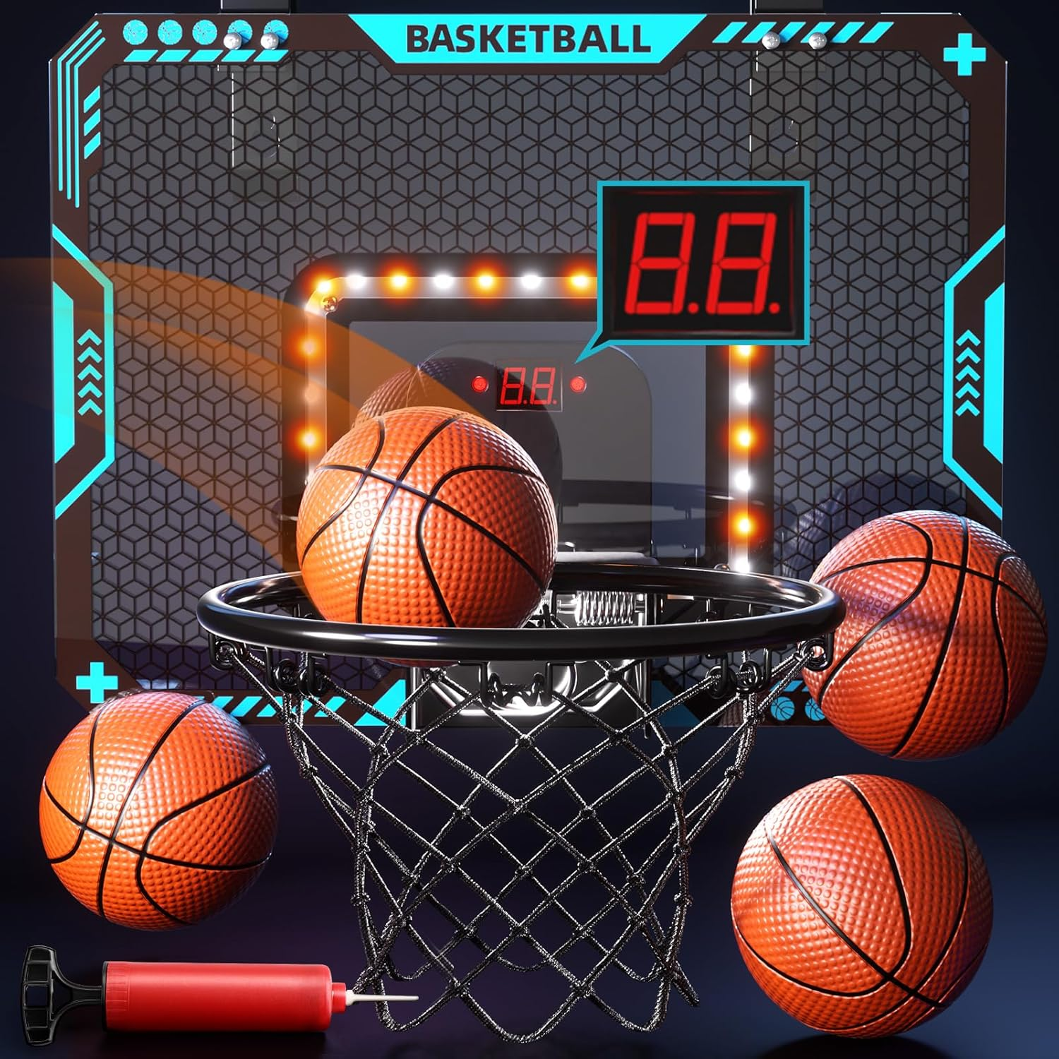 Uregoio Indoor Mini Basketball Hoop for Boys Kids Aged 5 6 7 8 9 10 11 12+, over the Door Basketball Hoops with LED Lighting, Electronic Scoreboard, and 4 Balls, Sport Toys Birthday Gift image number 1