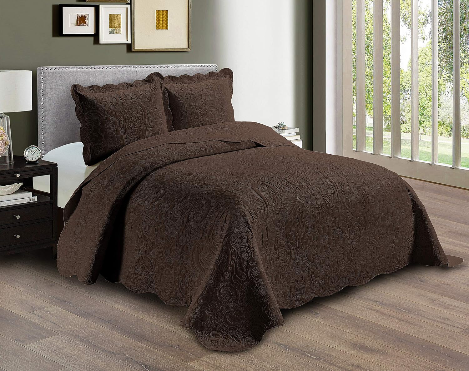 Linen plus Embossed Coverlet Bedspread Set Oversized Solid Burgundy Full/Queen Bed Cover Bedding New # Dana