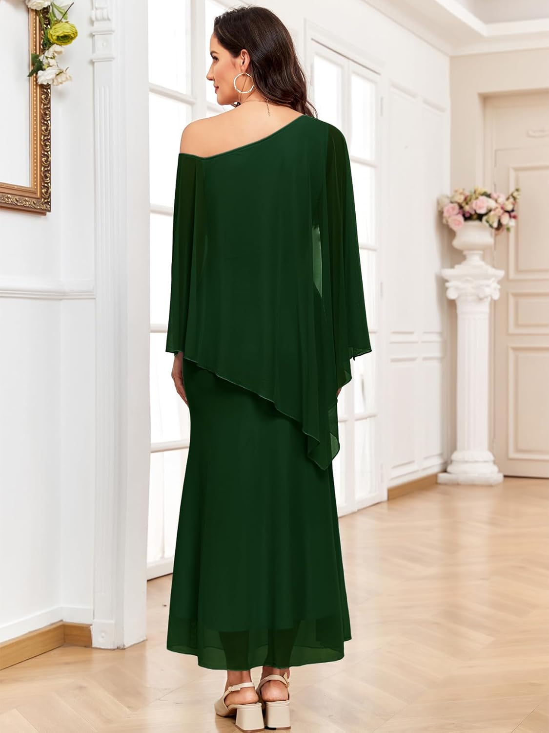 Cape Maternity Mesh Dress One Shoulder Maxi Mermaid Pregnancy Dress with Brooch Formal Baby Shower Photoshoot image number 4