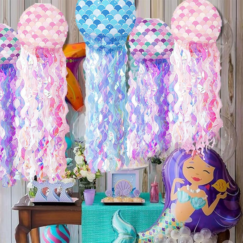 6 PCS Hanging Jelly Fish Paper Lanterns,Colorful Paper Lanterns,Under the Sea Mermaid Party Decorations,For Kids Birthday,For Ocean Party Decorations Jellyfish Decor,Baby Room image number 5