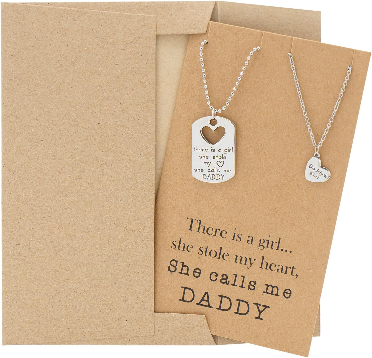 Quan Jewelry Father and Daughter Necklace Set, Dog Tag and Heart Charms Inspirational Gifts with Greeting Card image number 1