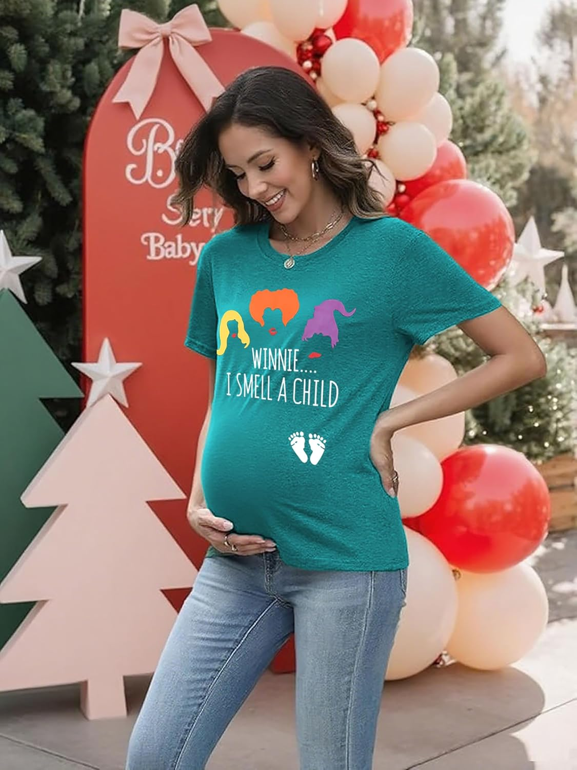 HEYO Halloween Pregnancy Shirt Sanderson Sister Witch Graphic Funny Cute Smell Child Letter Print Maternity Short Sleeve Tee