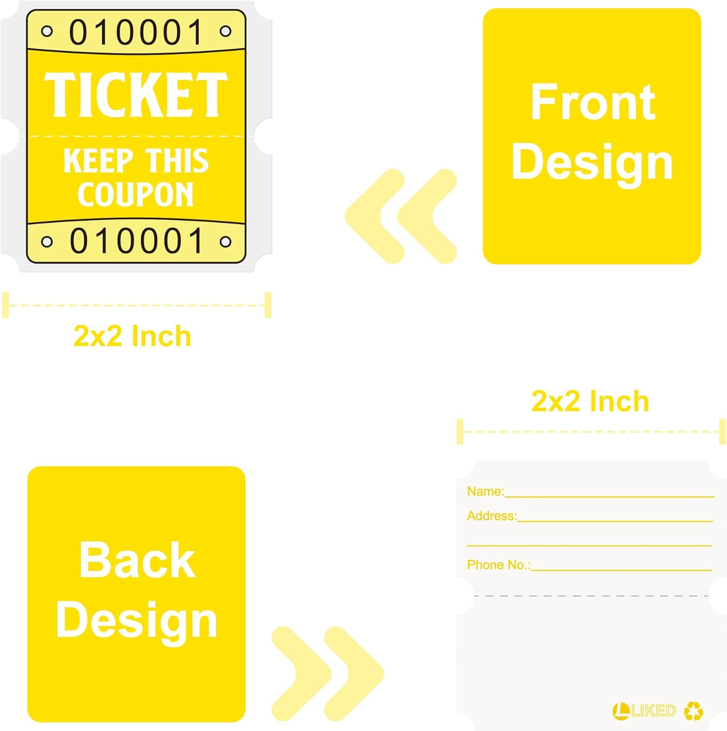 L LIKED 100 Raffle Tickets, 50/50 Double Roll Tickets for Event, Raffles, Carnival, Door Prizes and Class Reward (Yellow)