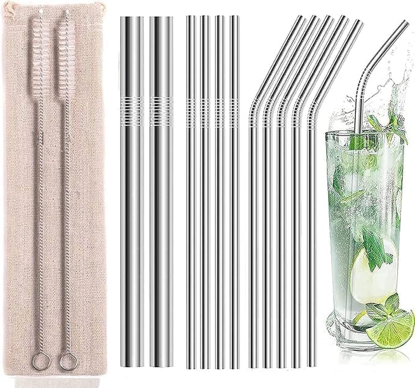 13-Piece Premium Stainless Steel Straw Set &ndash; Reusable Metal Straws with 4 Straight, 5 Bent, 2 Wide Boba Straws & 2 Cleaning Brushes &ndash; Eco-Friendly & Durable Straws (Silver) image number 3