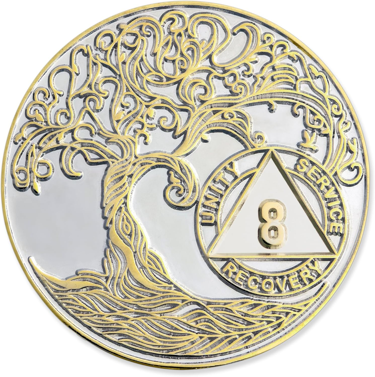 7 Year XL 40Mm Nickel & Gold Plated AA Coin - Sobriety Mint Twisted Tree of Life Recovery Medallion/Chip - Silver/Gold image number 6