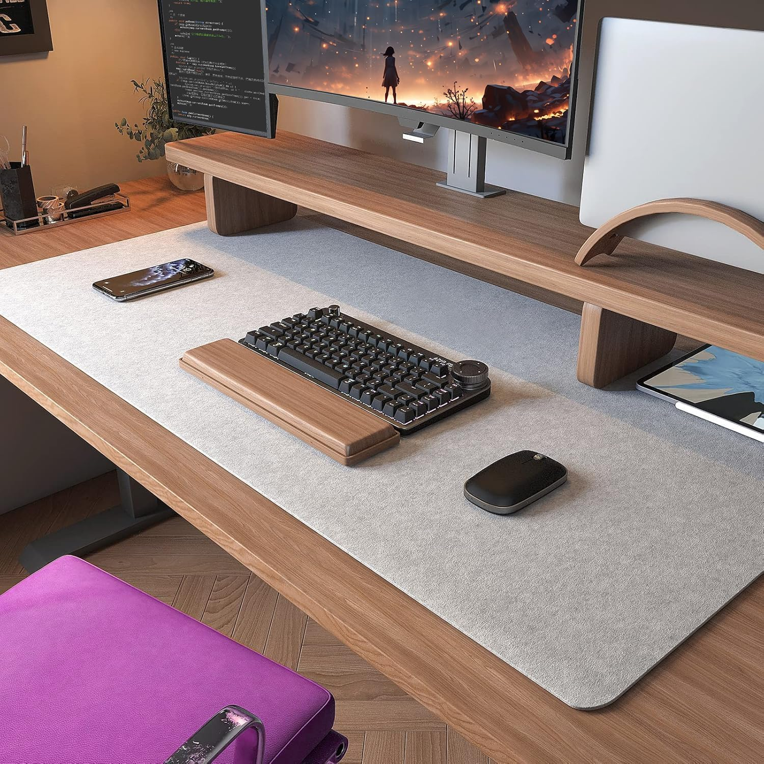 Desk Pad, Desk Protector Pad, Non-Slip 0.12 Inch Thick Large Mouse Pad, Felt Desk Mat, Writing Mat for Office and Home (Light Gray, 90 * 30CM)