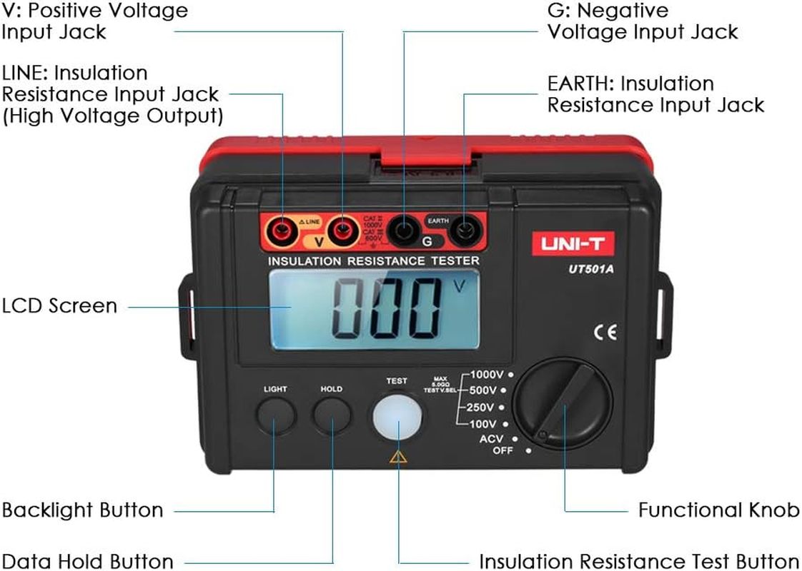 UT501A 1000V Insulation Resistance Meter Ground Tester Megohmmeter Voltmeter W/Lcd Backlight image number 5