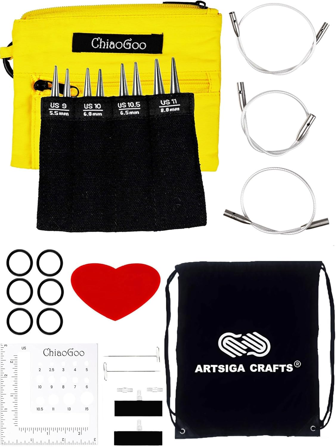 Chiaogoo Twist Red Lace Shorties 3-Inch Large Yellow 7230-L Interchangeable Knitting Needle Set, US 9, 10, 10.5, 11 Stainless Steel with 3 Swiv360 Cables Bundle with 1 Artsiga Crafts Project Bag image number 3
