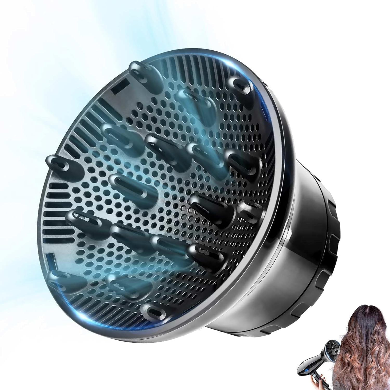 Universal Curly Hair Diffuser, Adaptable Hair Diffuser Attachment for Hair Salon Quality Hairstyling Tool Hair-Protective Frizz-Free Fast-Drying for Dryers with 1.65 to 3.15 Inches Nozzle image number 6